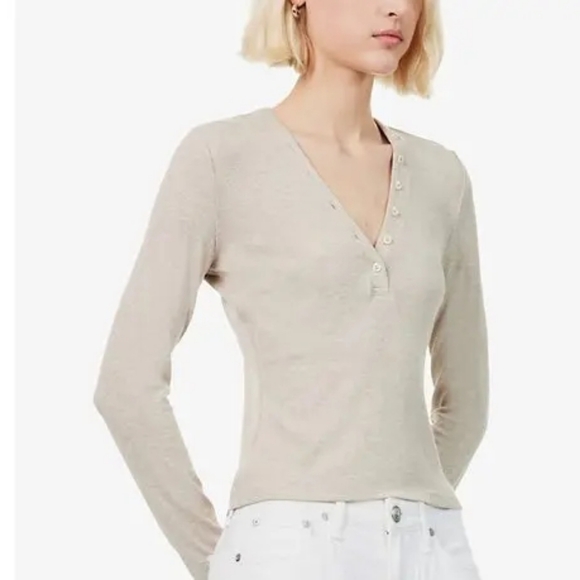 Frame Oatmeal Heather Slinky Henley V-Neck Ribbed Top Size XL